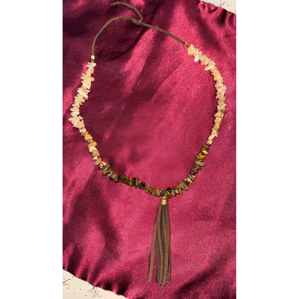 Tigers Eye and Shell Chip Tassel Necklace Boho Suede Fringeβ Brown Cream Stone